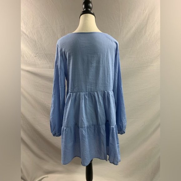 Blue Striped Lantern Sleeve Ruffle Hem Smock Dress - Picture 9 of 9